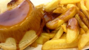 pie, gravy and chips close up