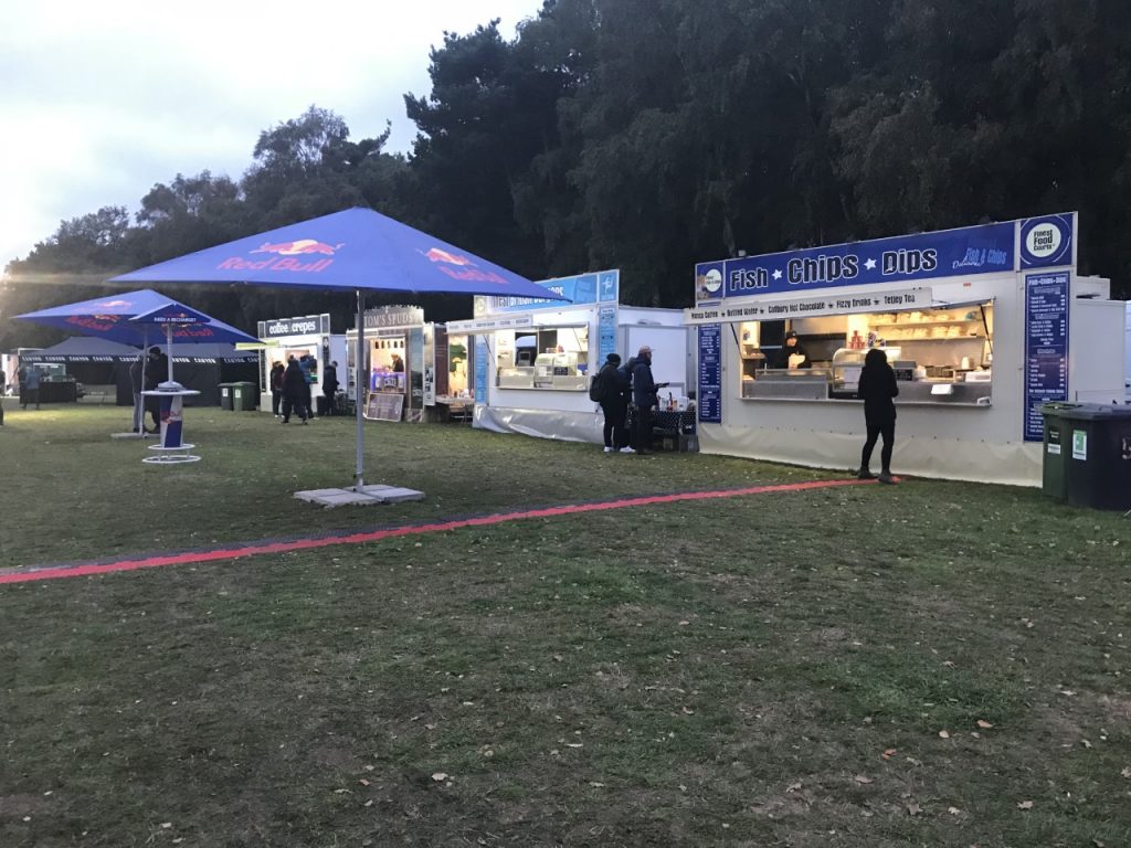 Burger, fish and chips event catering vans for a food court at a sporting event